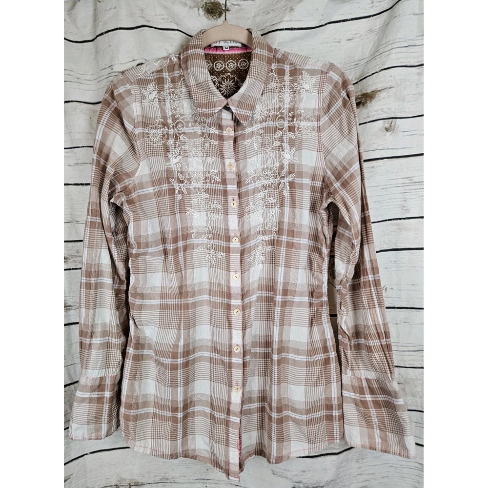 Johnny Was Brown Plaid Embroidered Tunic Top M Button Up Long Sleeves Boho